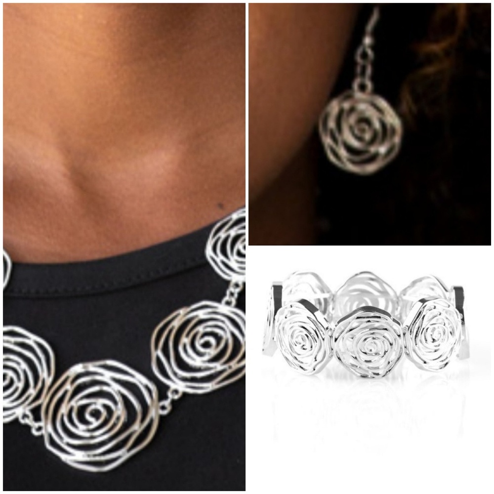Silvertone Rosette Necklace Earring Bracelet Set